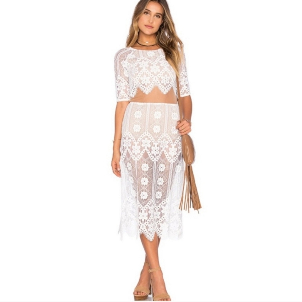 For Love and Lemons <Revolve> white lace/ nude midi dress Size Small